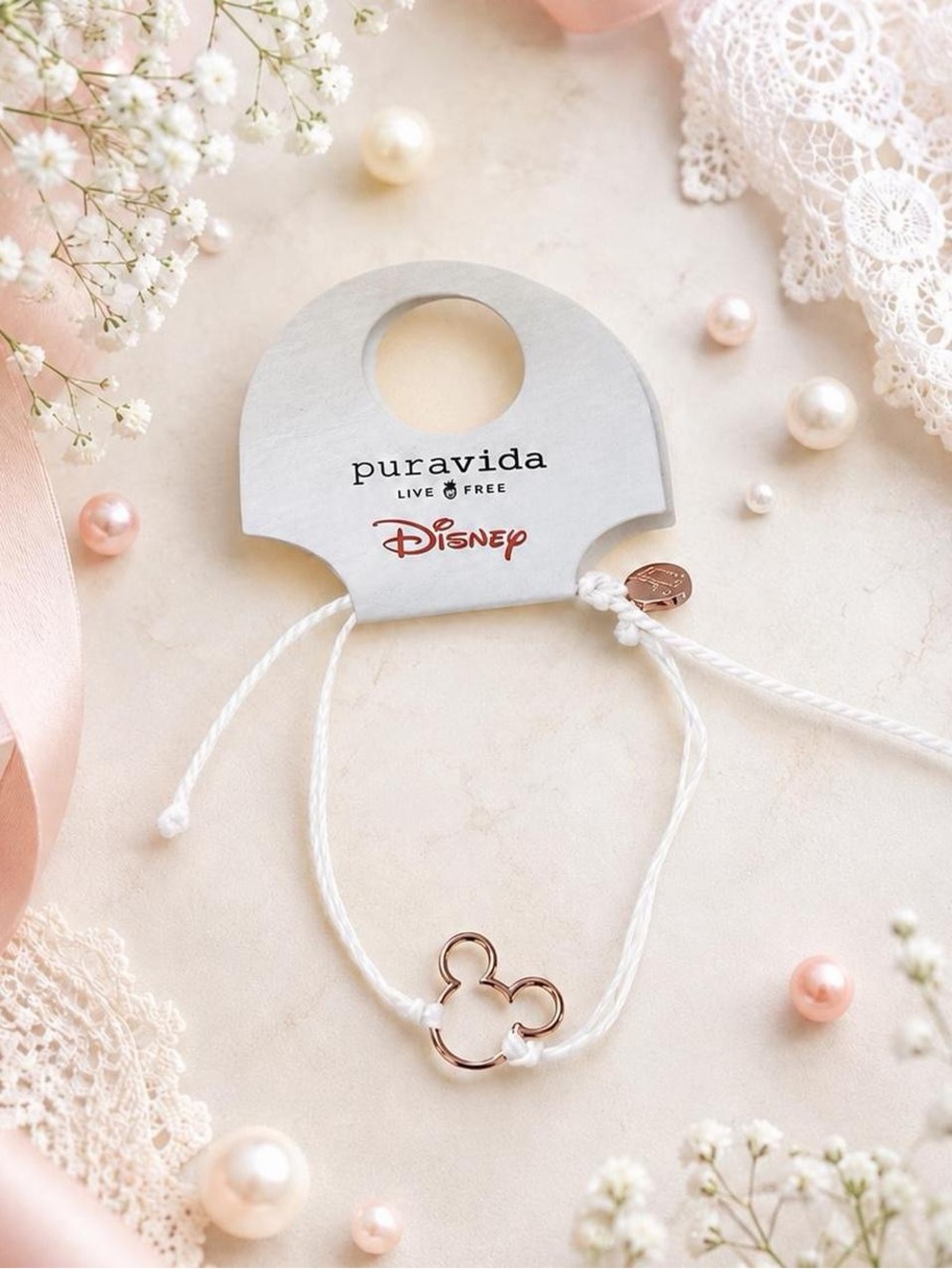 Pura Vida x Disney Mickey Mouse Charm Bracelet Rose Gold White Cord